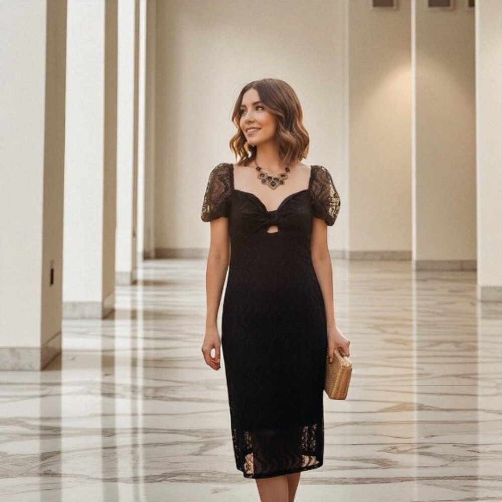 NWT BELLEVUE THE LABEL Raven Lace Midi Dress in Black